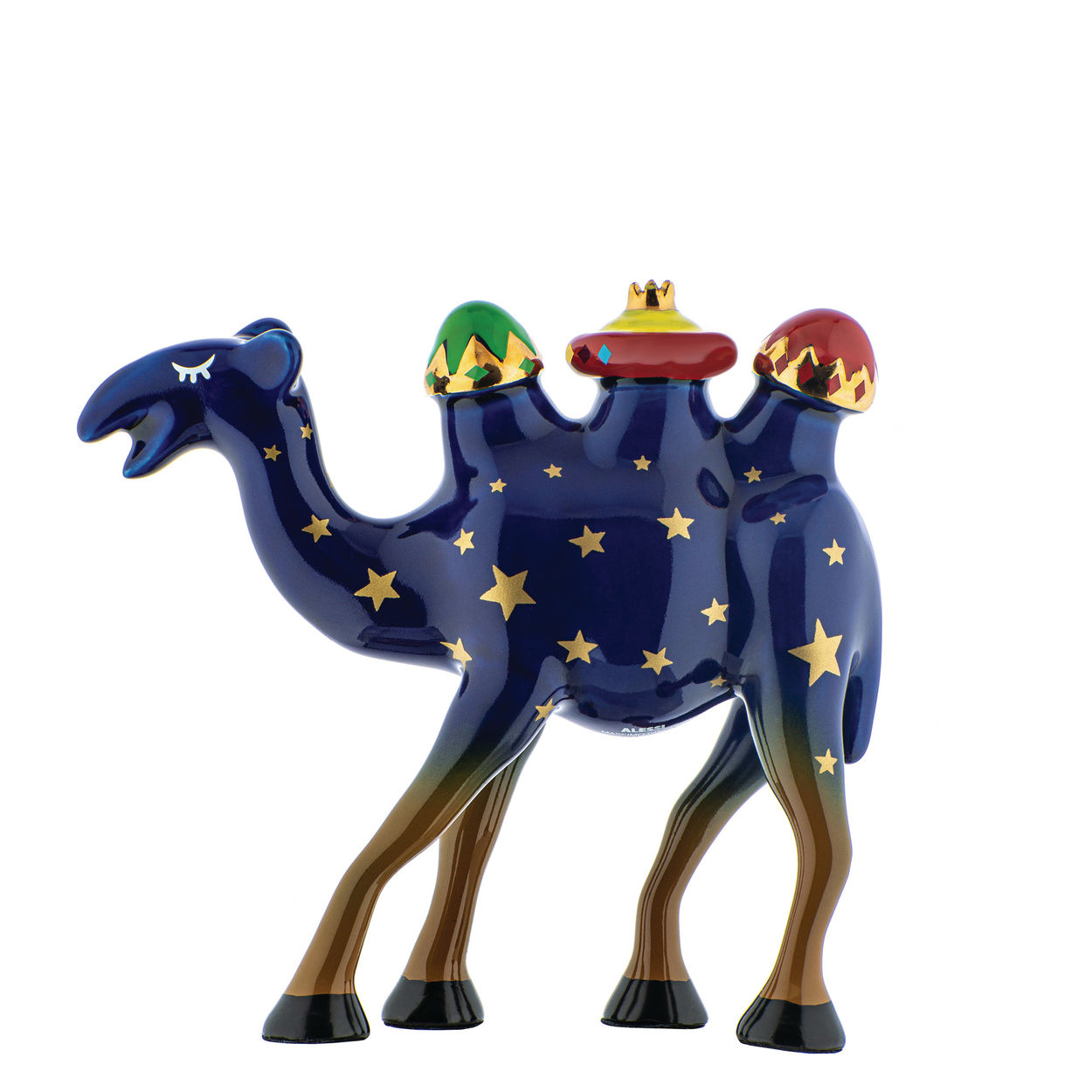 Alessi Weihnachtskamel "Trino Happy Eternity Baby" Figur, blau mit Sternen, festliche Dekoration.