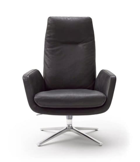 Schwarzer Cordia Drehsessel mit mittelhohem Rücken und Chromfuß, moderner Ledersessel für Wohnzimmer oder Büro.