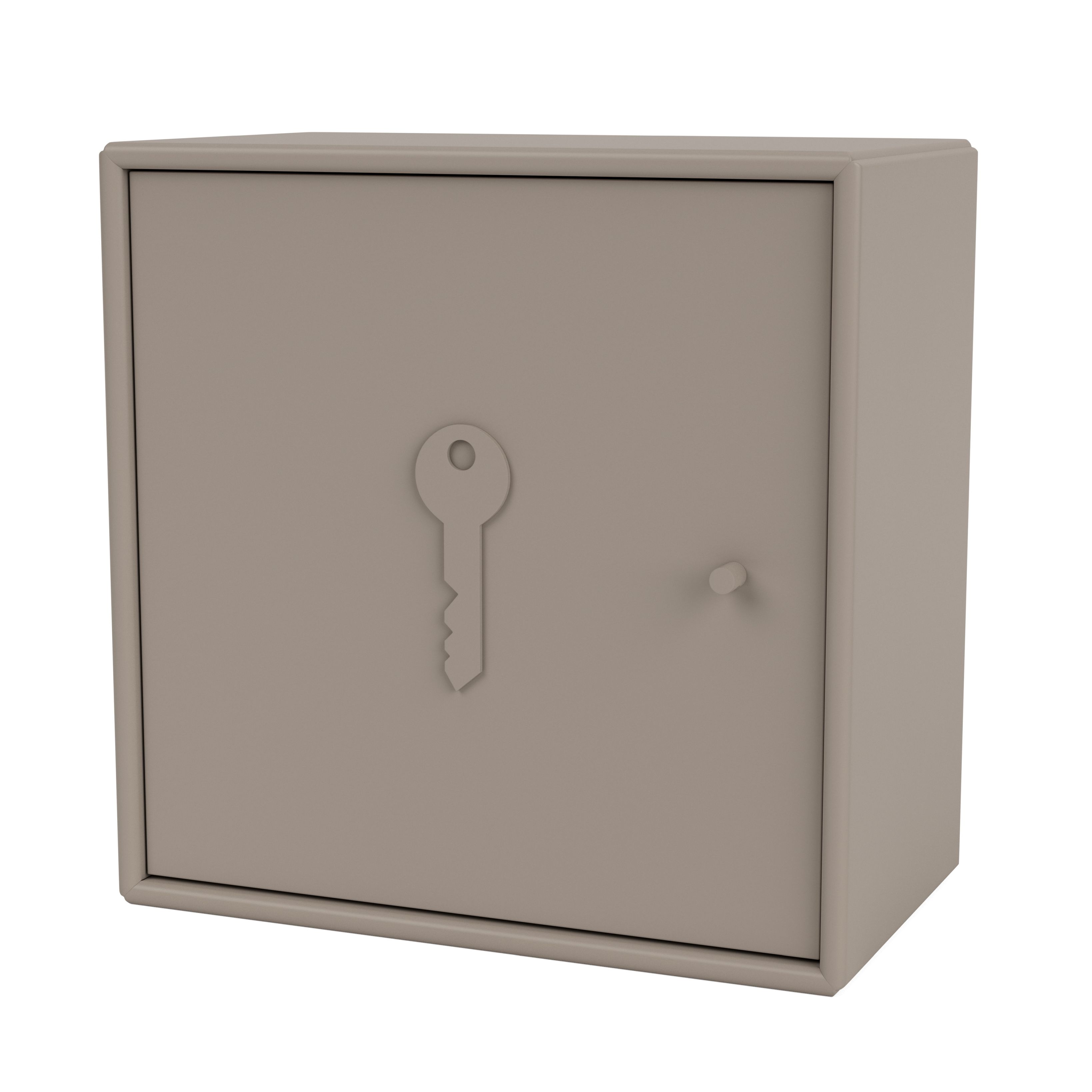 Unlock Schlüsselschrank Truffle Montana: Quadratischer Schlüsselsafe in Taupe mit Schlüssel-Symbol und Drehknopf.