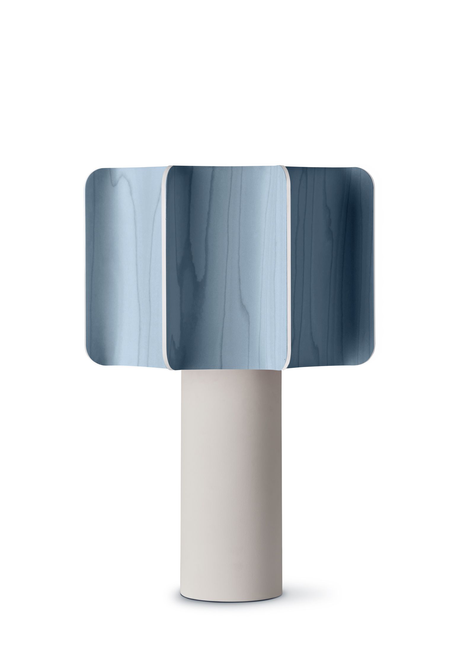 Kactos Tischleuchte von LZF Lamps mit blauem Holzfurnier und zylindrischem Fuß.