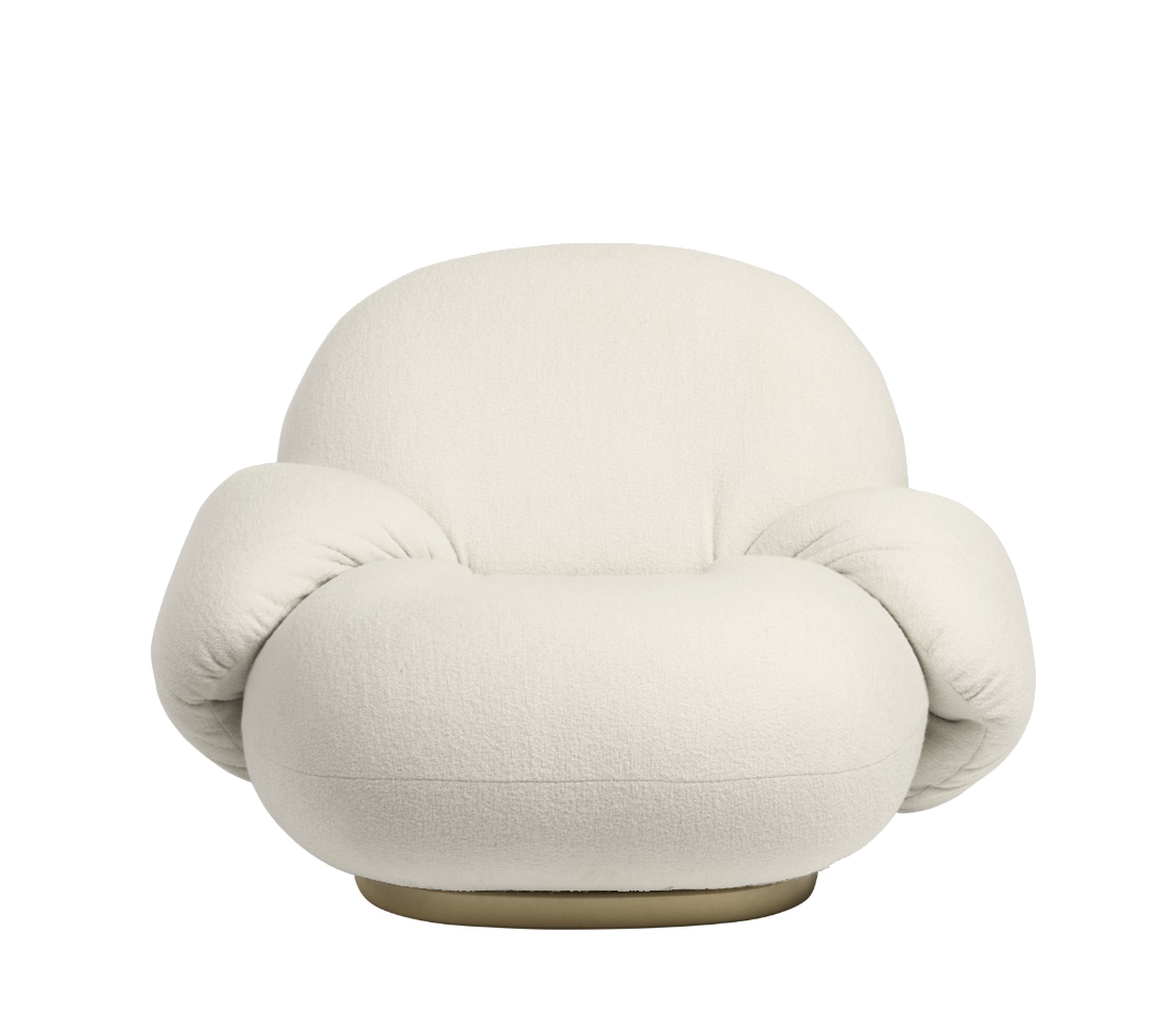 Pacha Lounge Chair Sessel mit Armlehnen in Ivory und Perlgold mit Drehfuß.