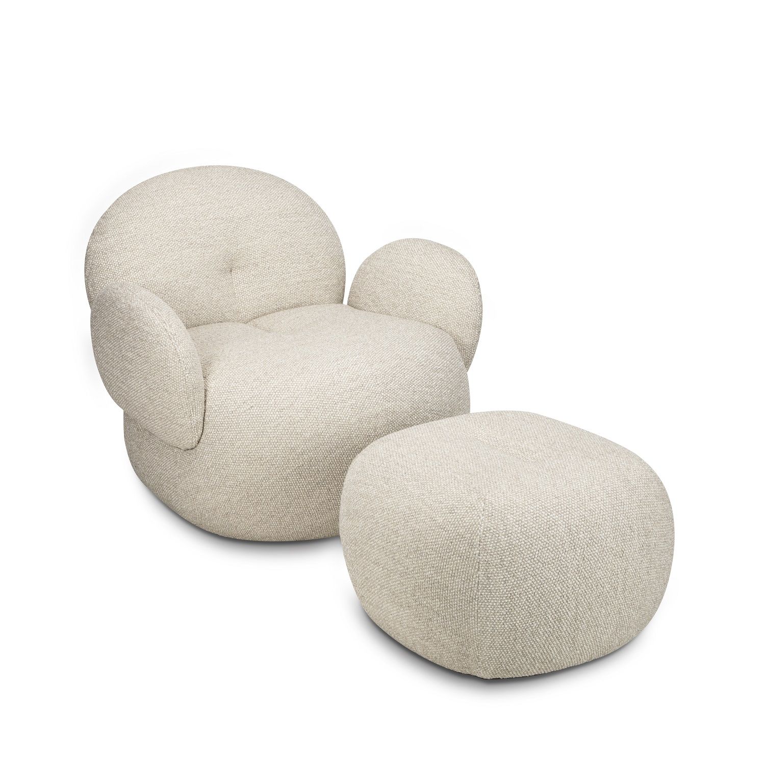 Beiger Nana Sessel mit Hocker von Freifrau Manufaktur, moderner Loungesessel für Wohnzimmer und Entspannung.