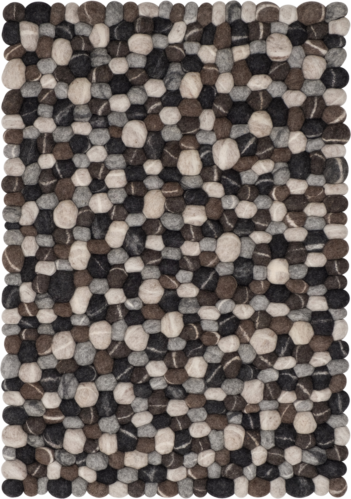 Myfelt Filzkugel Teppich 140x200 cm, handgefertigt aus Schurwolle in Grau-, Braun- und Beigetönen.