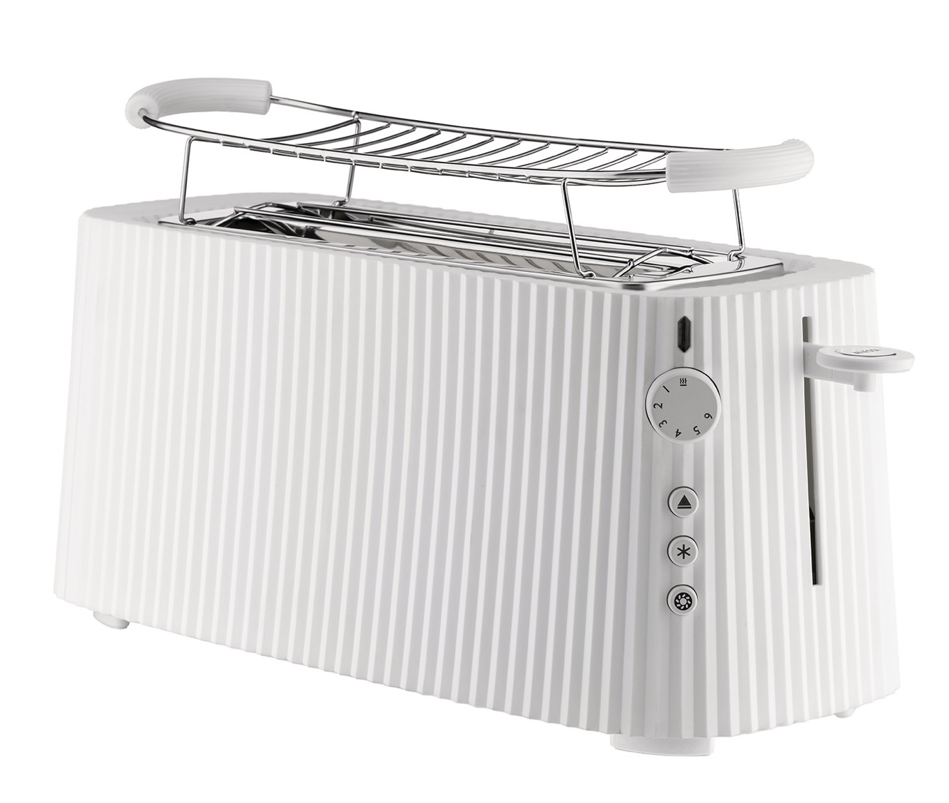 Weißer Alessi Toaster MDL15 Plissé XXL mit Brötchenaufsatz, modernes Design für die Küche.