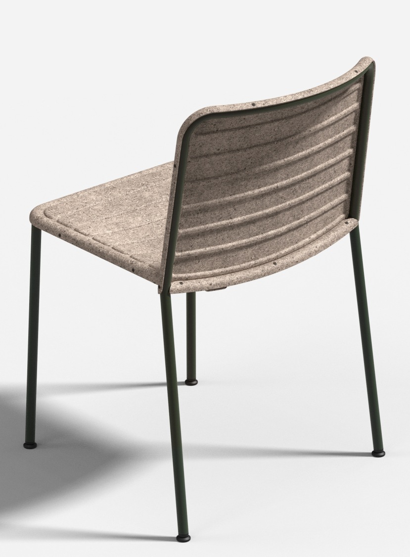 Rückansicht des Flax Stacker Stuhls von Please wait to be seated mit grünen Metallbeinen.