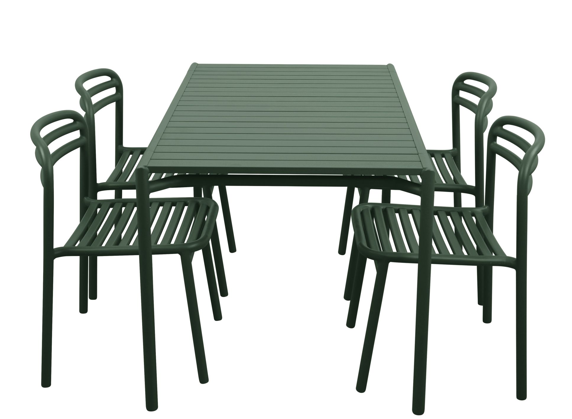 Rechteckiger, grüner Bliss Esstisch von Cane-Line mit vier passenden Outdoor Stühlen.