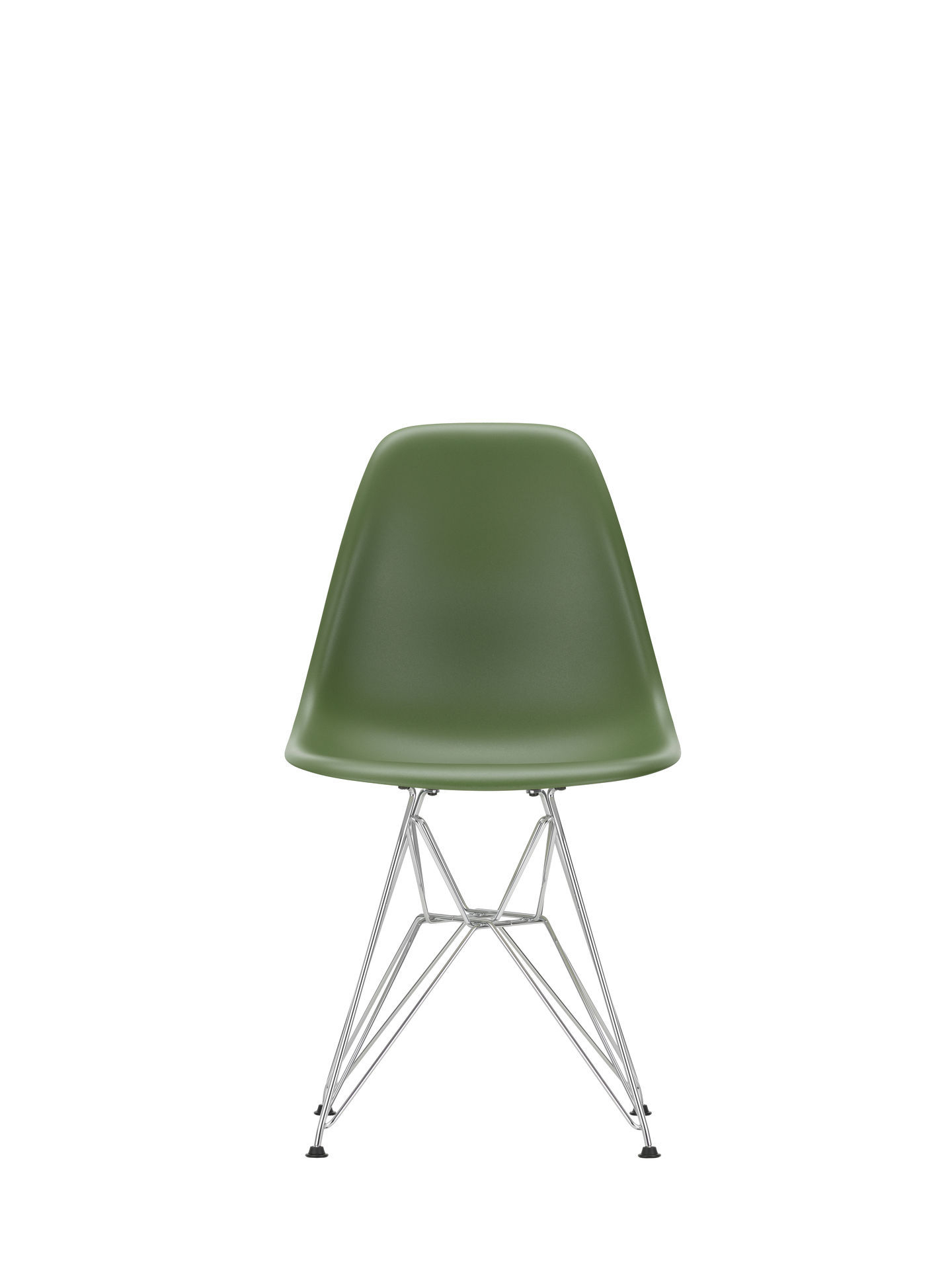 Eames Plastic Side Chair DSR in Olivgrün mit verchromtem Drahtgestell. Designklassiker Stuhl von Vitra.