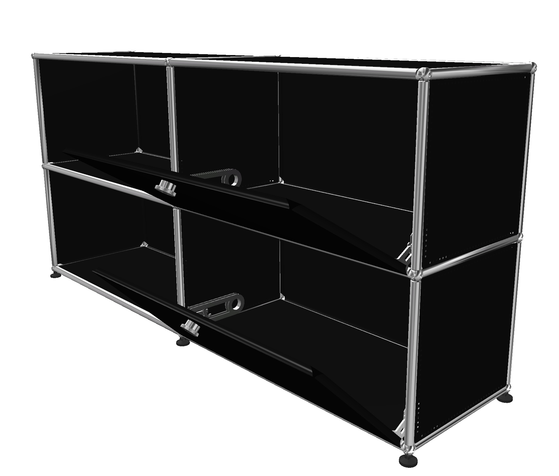 USM Haller Sideboard in Graphitschwarz mit zwei offenen Fächern und zwei Klappen rechts.