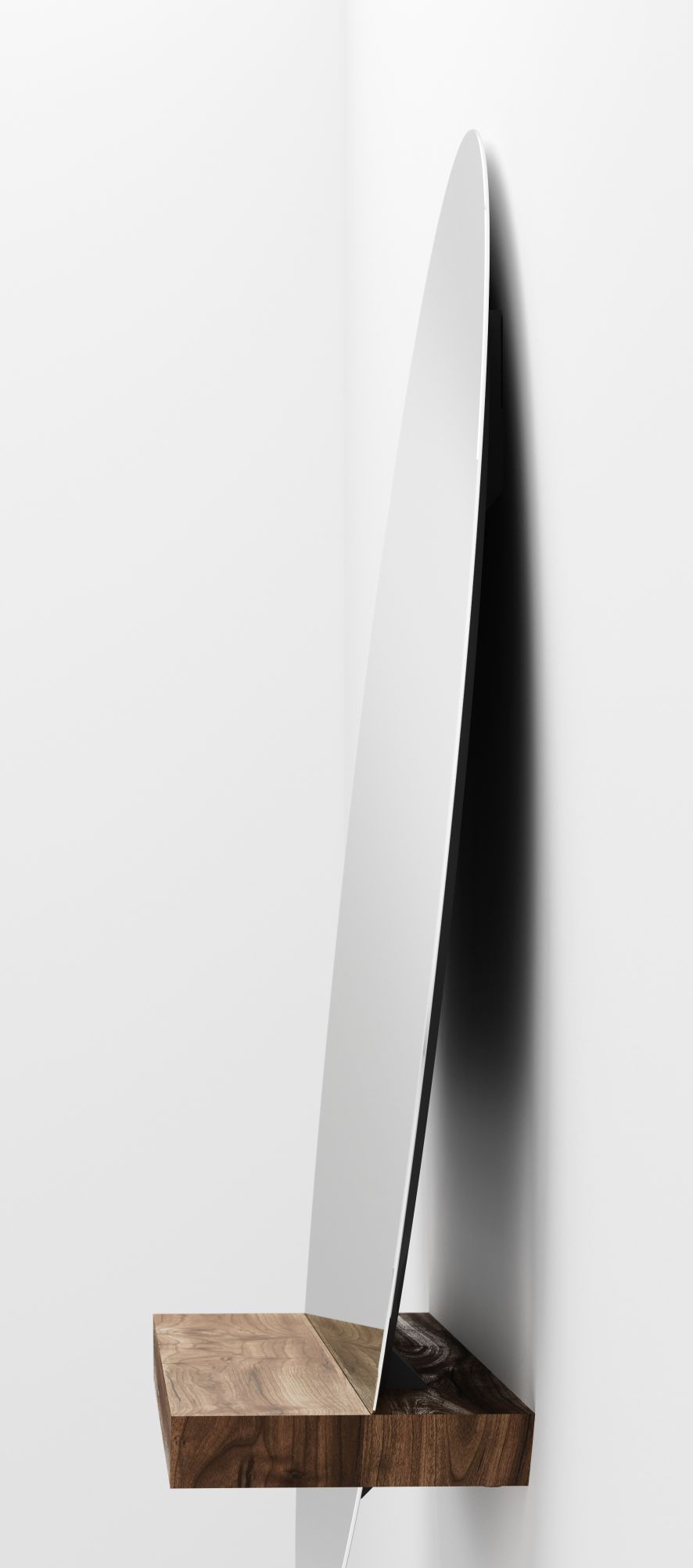 Detailaufnahme: Guillotine Round Spiegel mit Walnuss-Konsole von PER/USE, moderner Wandspiegel.