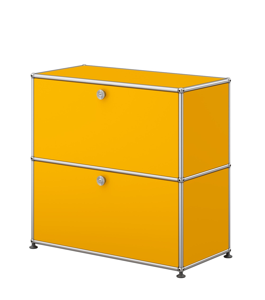 USM Haller Sideboard klein in Goldgelb mit zwei abschließbaren Fächern und verchromtem Gestell.