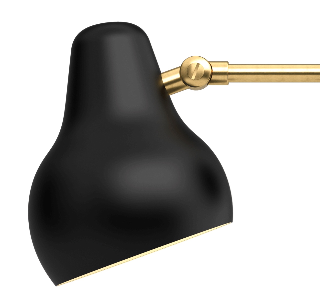Detailaufnahme der VL38 Wandleuchte von Louis Poulsen in Schwarz mit goldenem Arm.