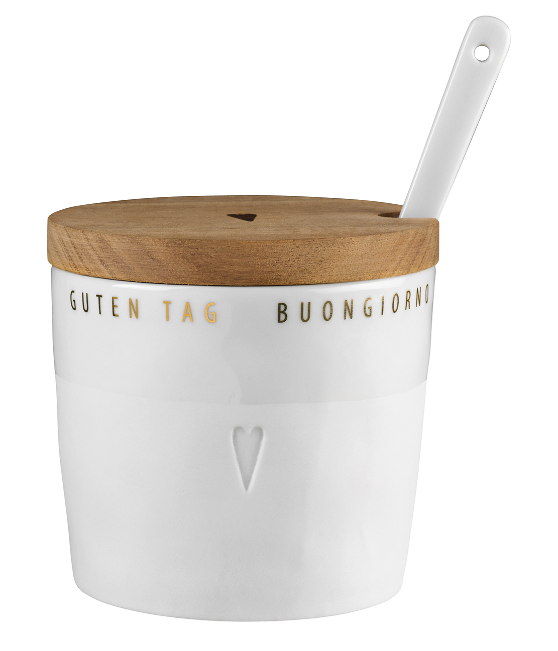 Poesie et Table süße Dose Räder: Weiße Keramikdose mit Holzdeckel und Löffel für Frühstück.