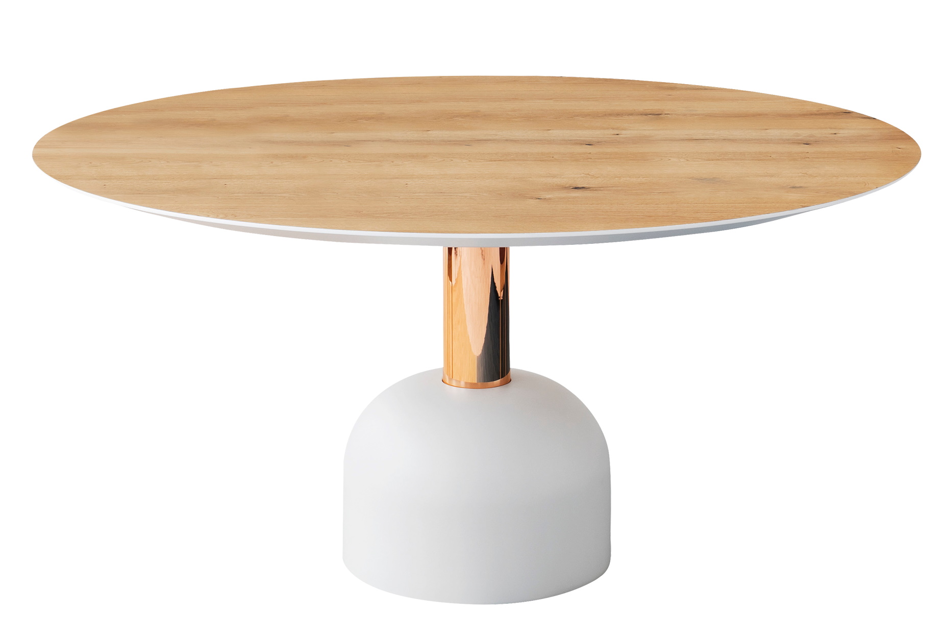 Illo Esstisch von Miniforms: Runder Holztisch mit weißem Sockel und kupferfarbenem Detail.