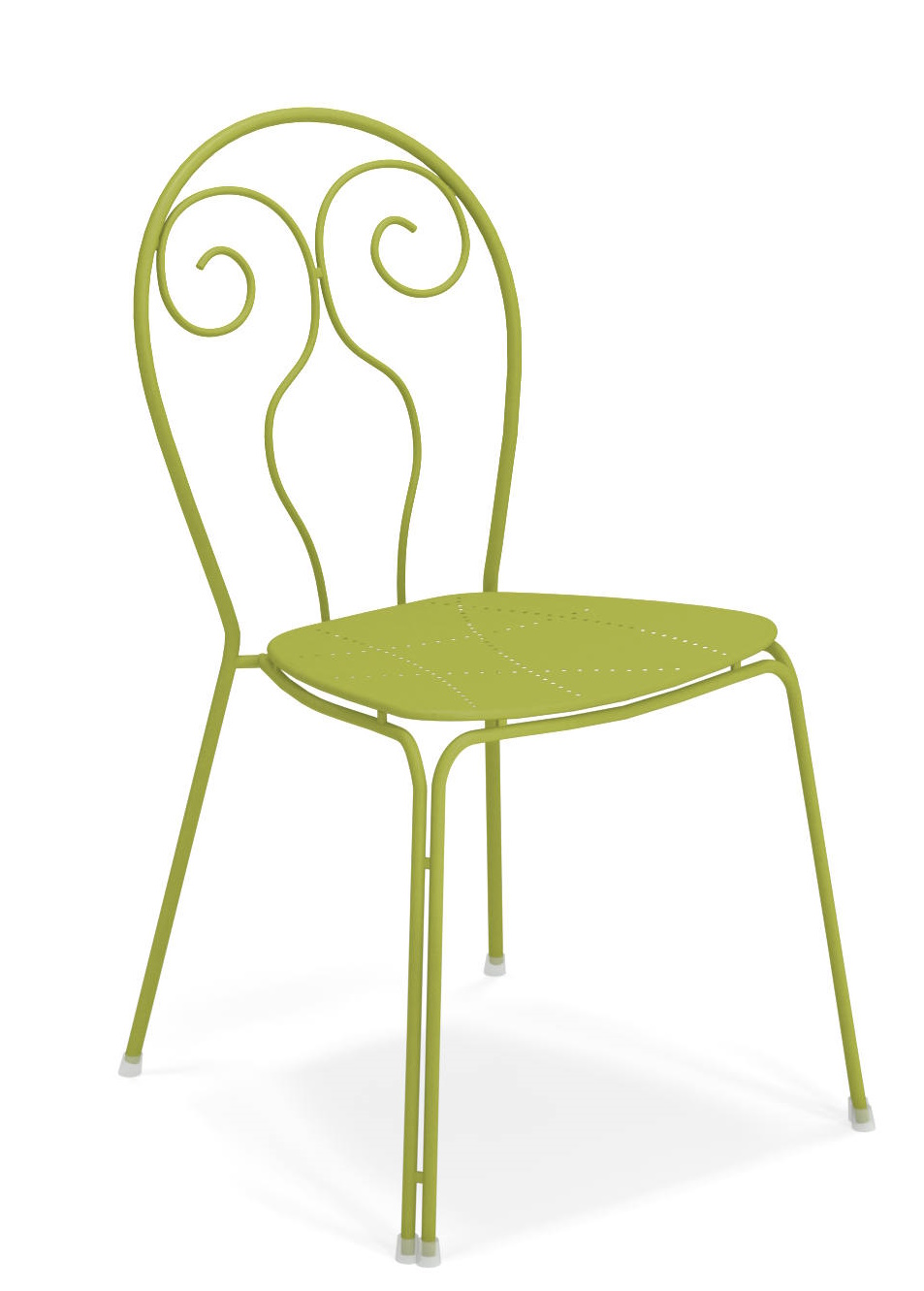 Caprera Stuhl von Emu für den Außenbereich, grüner Metallstuhl mit filigranem Design.