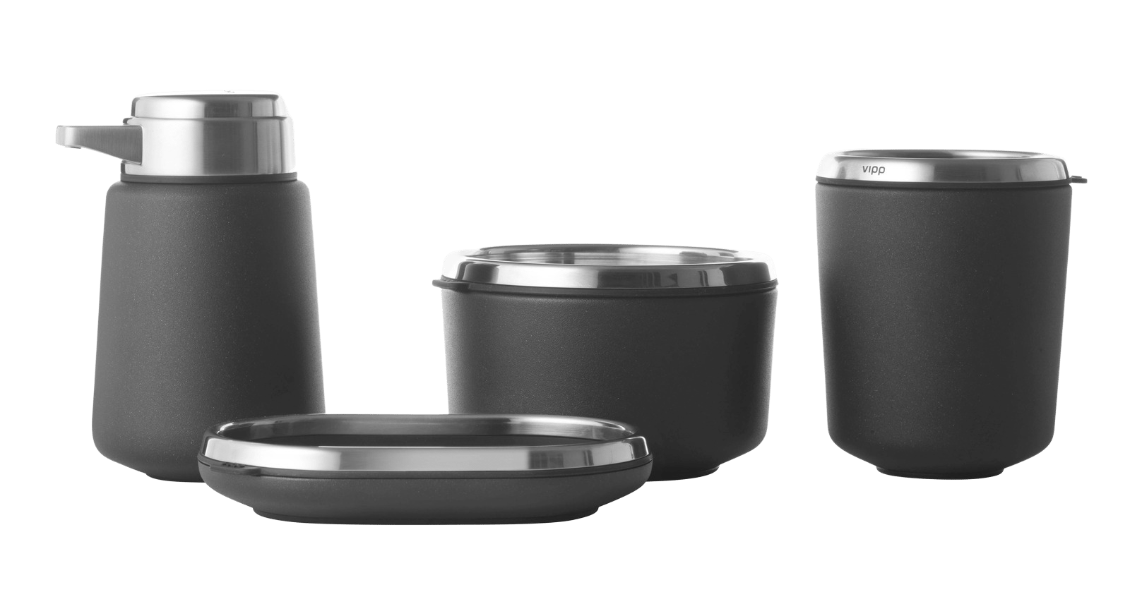 Schwarzes Vipp Bad-Set: Seifenspender, Seifenschale, Mülleimer und Zahnputzbecher mit Edelstahldetails.
