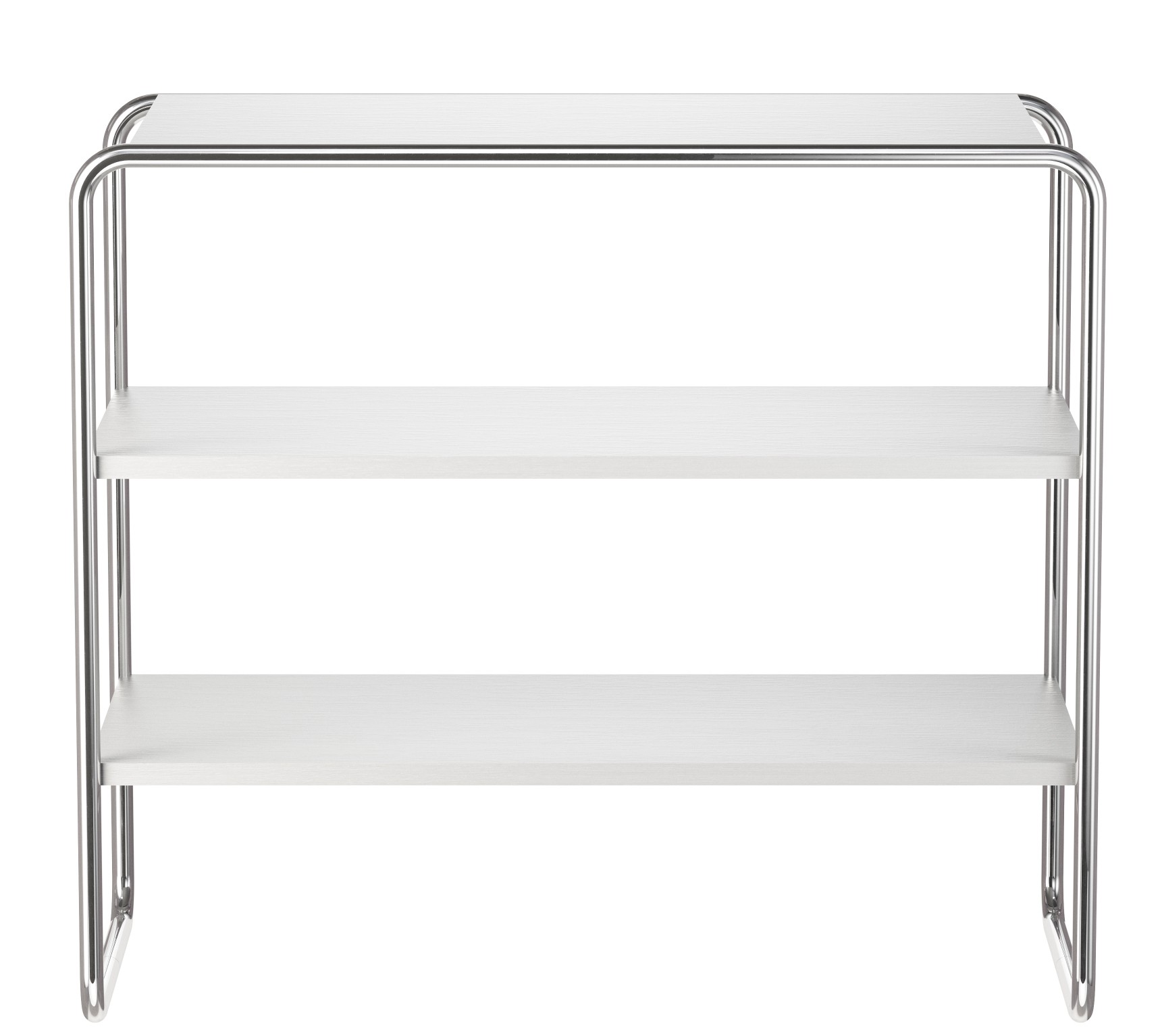B 22 a Thonet Regal mit drei weißen Ablageflächen und Stahlrohrgestell.