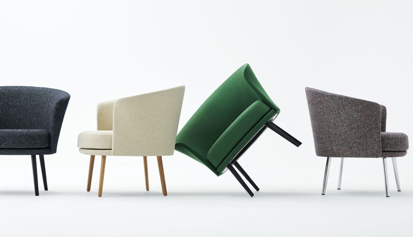 Dorso Loungesessel von Hay in verschiedenen Farben und Stoffen auf weißem Hintergrund.