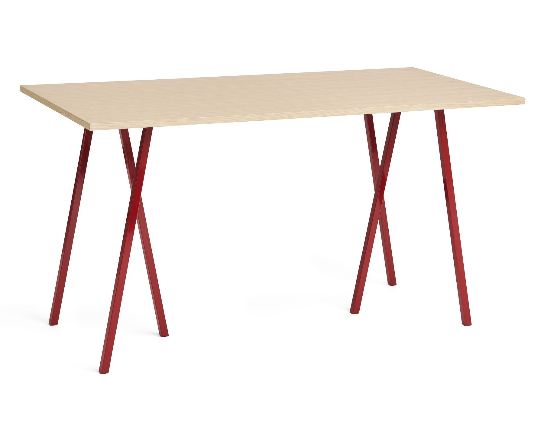 Hay Loop Stand Tisch mit hellem Holz und roten Beinen, moderner Esstisch.