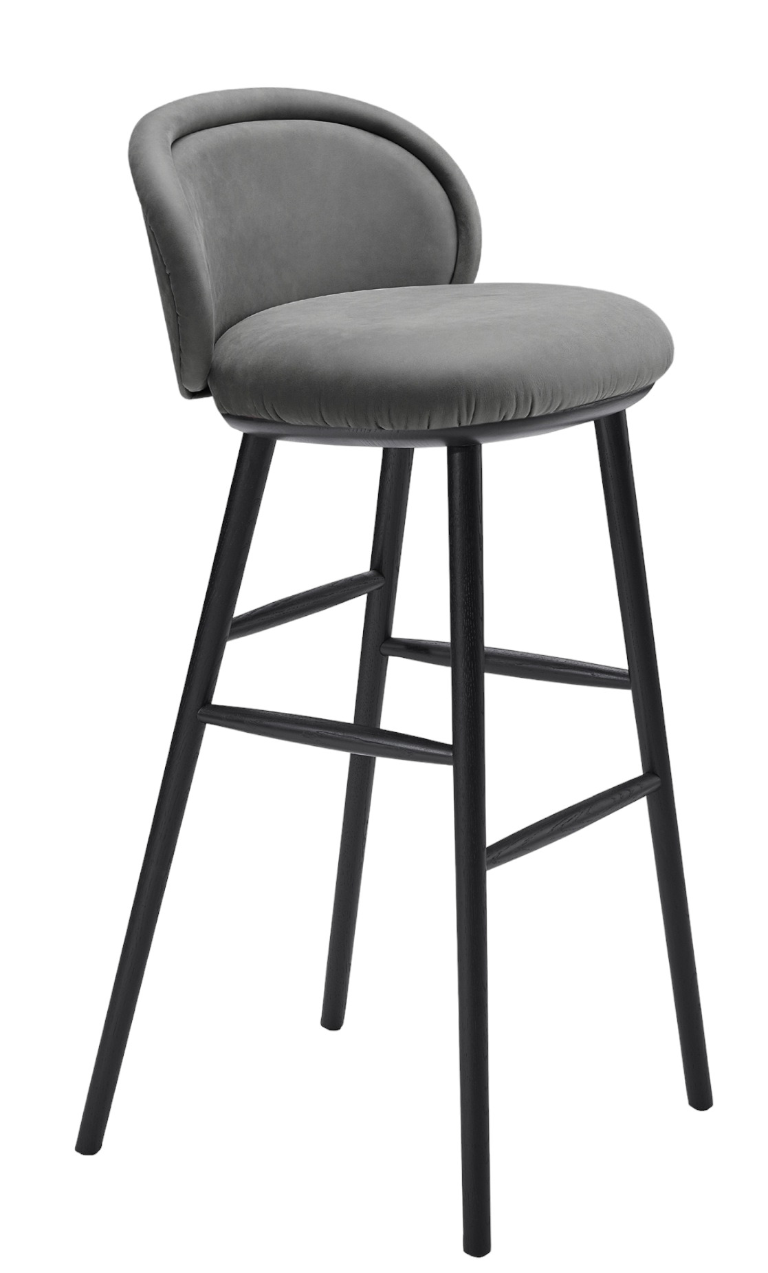Grauer Ona Barstool Barhocker von Freifrau Manufaktur mit schwarzem Holzgestell und gepolsterter Sitzfläche.