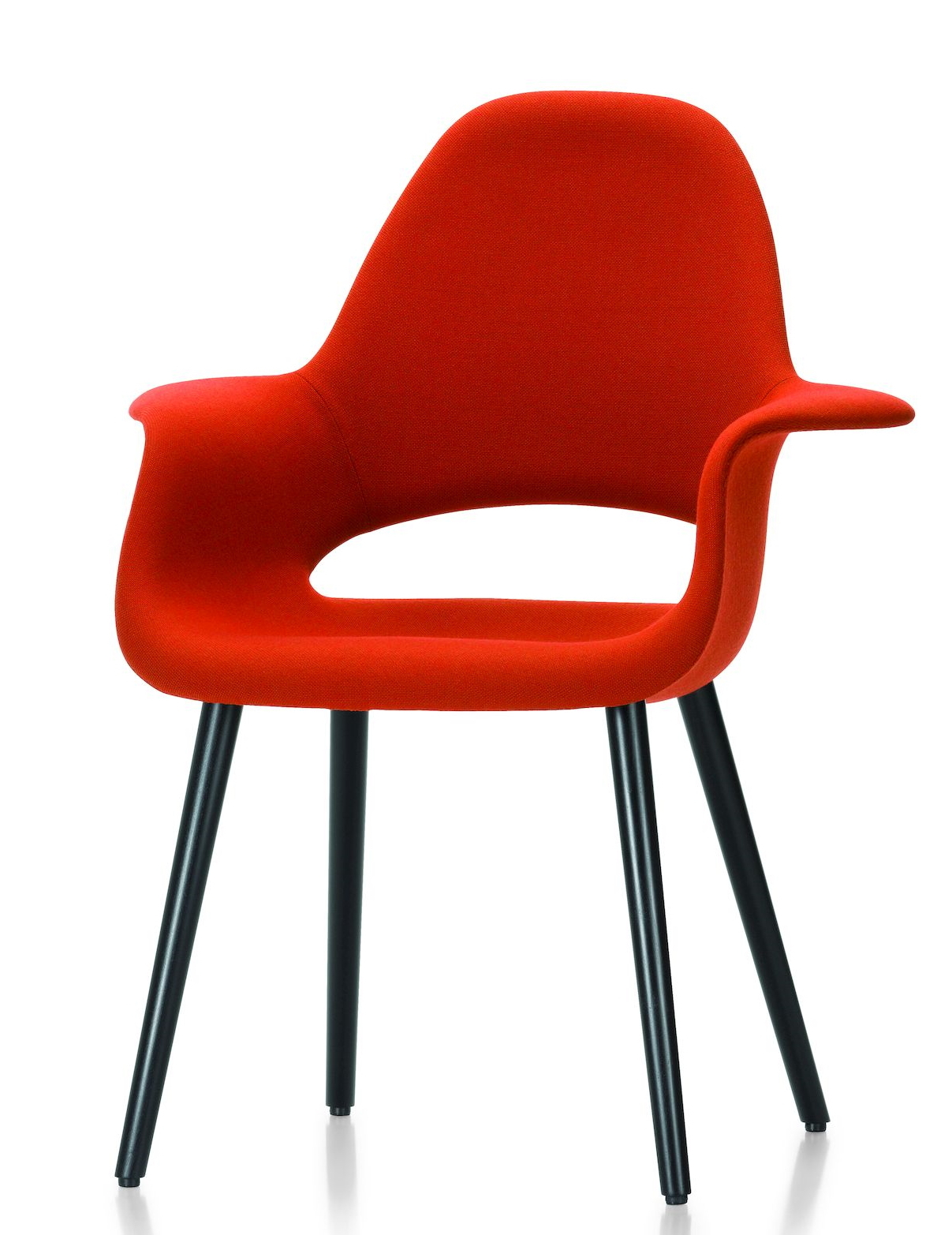 Roter Organic Conference Stuhl von Vitra mit Armlehnen und schwarzen Beinen, ideal für Konferenzen.