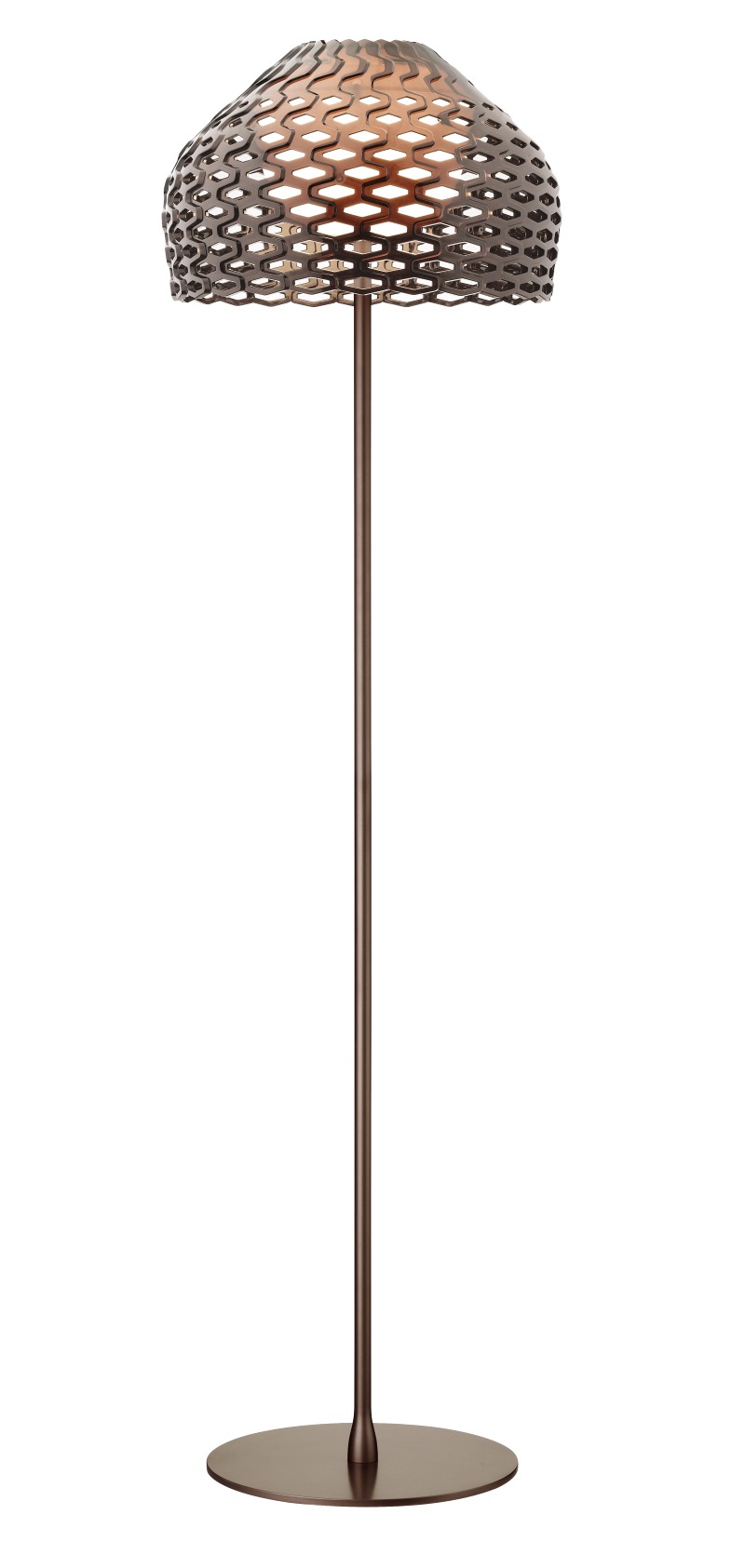 Tatou Stehleuchte von Flos, moderne Bodenleuchte mit bronzefarbenem Schirm und filigranem, wabenförmigem Design für Wohnzimmer und Schlafzimmer.