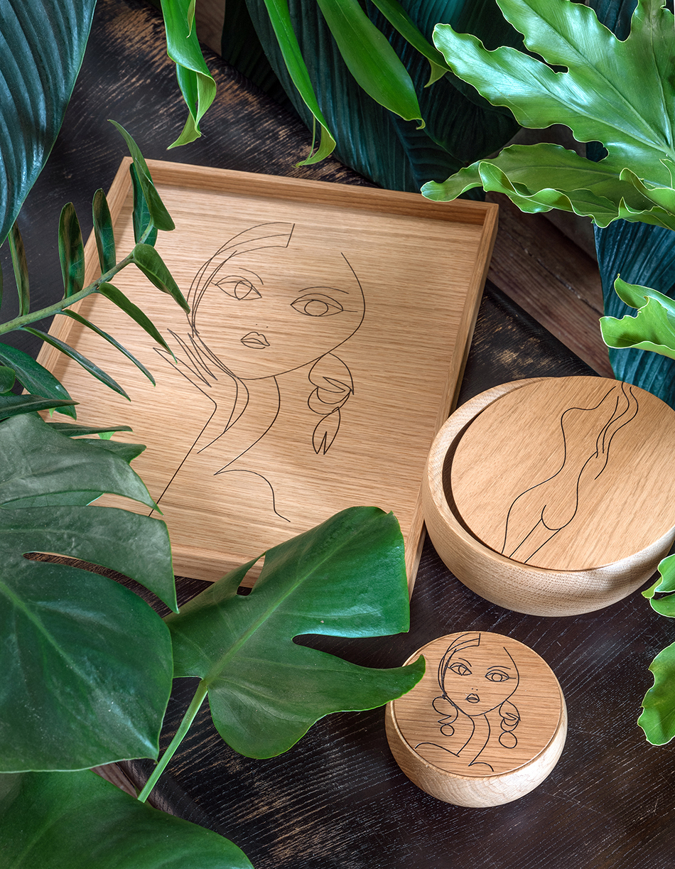 Schönbuch Irma Art Edition: Holzschale und Aufbewahrungsdosen mit Frauengesicht-Motiv, dekorative Wohnaccessoires.