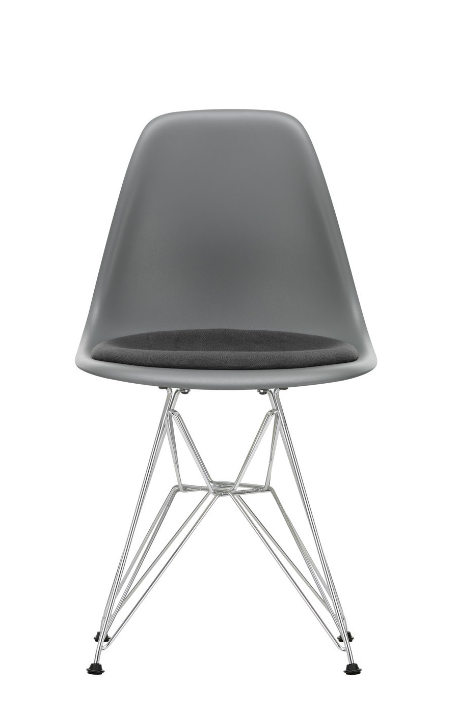 Grauer Eames DSR Stuhl mit Sitzpolster und verchromtem Gestell von Vitra.
