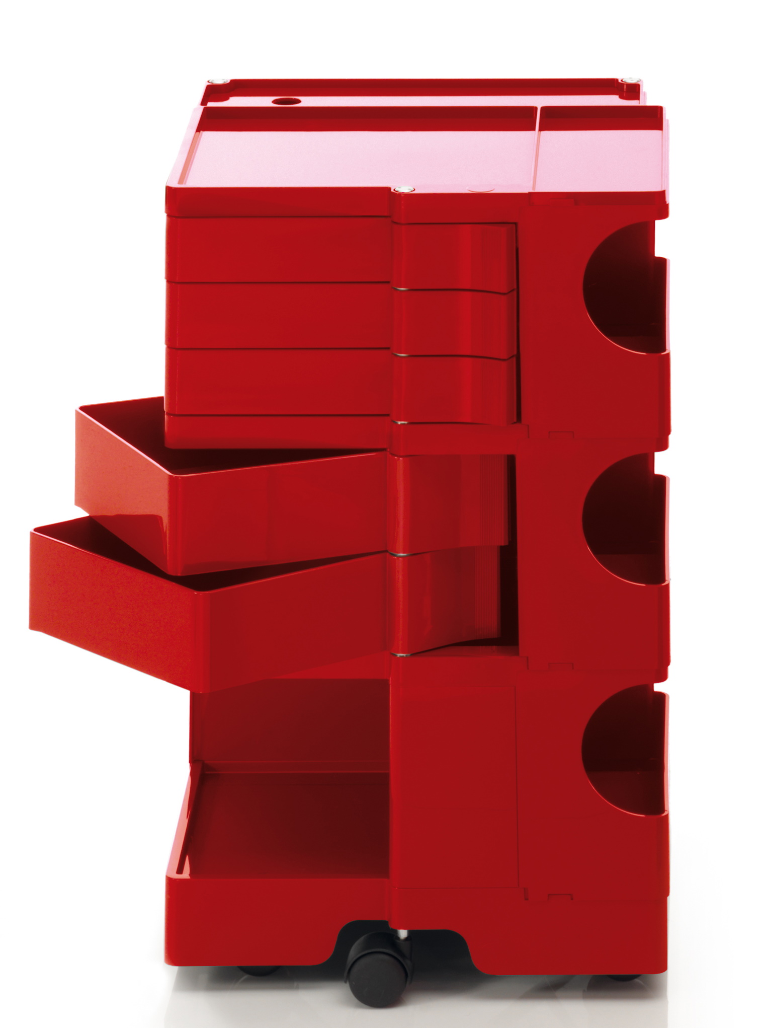 Roter Boby Rollcontainer mit Schubladen und Fächern, flexibel und mobil für Büro oder Werkstatt.