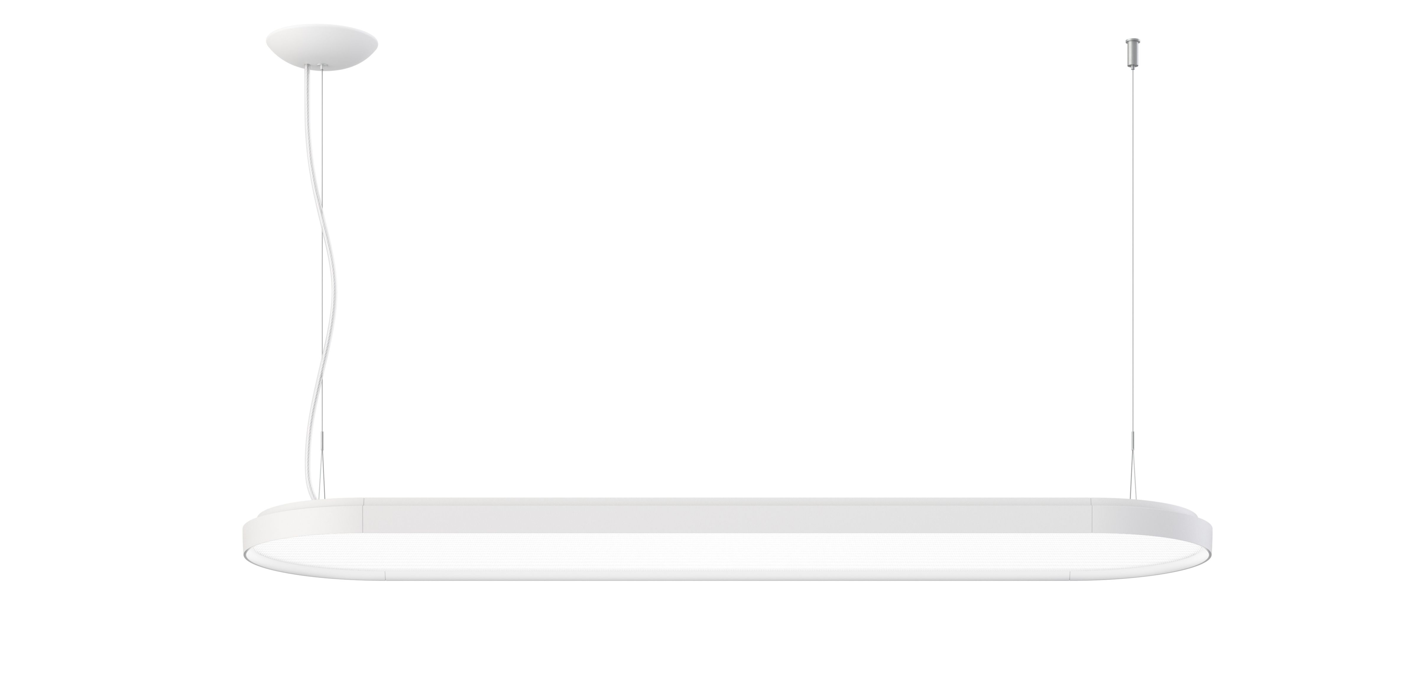 Weiße Kido Pendelleuchte von Belux, 110cm, mit warmweißem Licht (3000K), moderne Hängelampe für Innenräume.