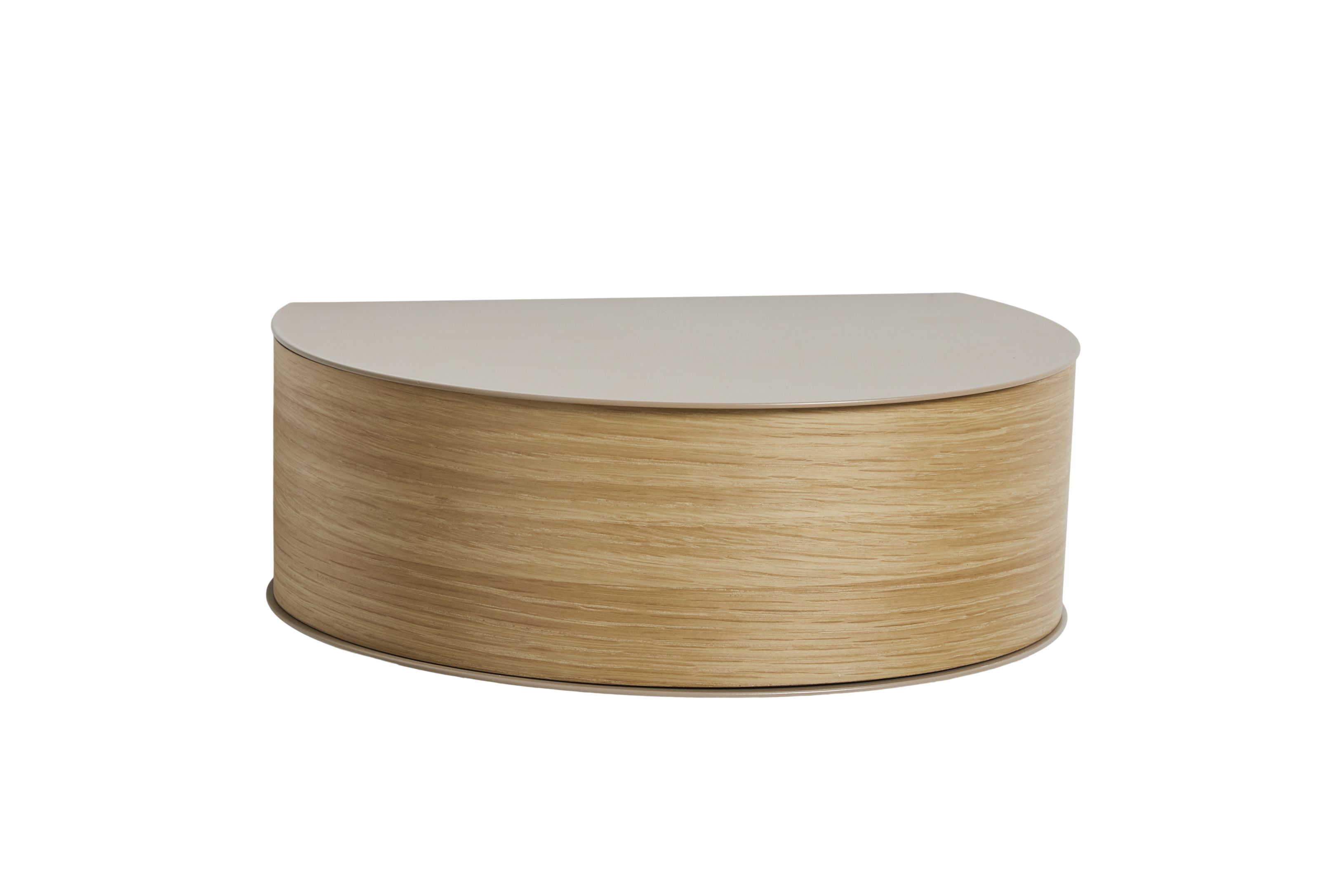 Wallie Wandschublade von Woud, ein halbrundes, beige-graues Wandregal aus Holz für moderne Wohnräume.