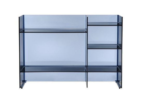 Blaues Kartell Sound-Rack Regalsystem aus transparentem Kunststoff, modernes Design für Wohnzimmer und Büro.