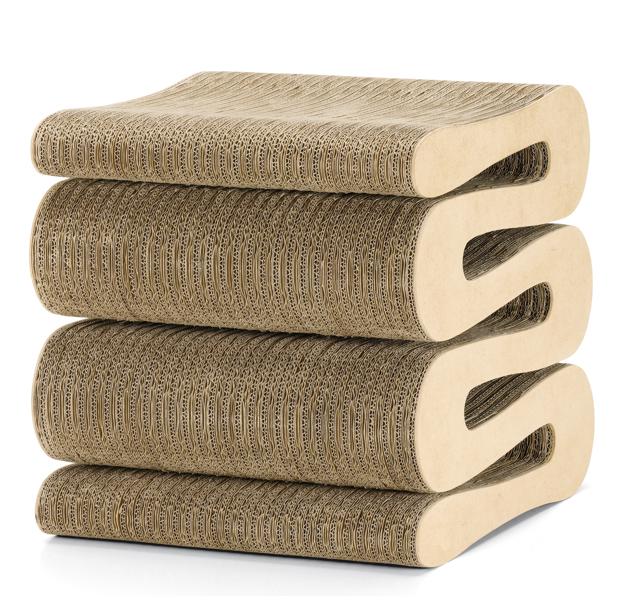 Vitra Wiggle Stool aus brauner Wellpappe, vierfach gestapelt, für Wohnzimmer und Büro.