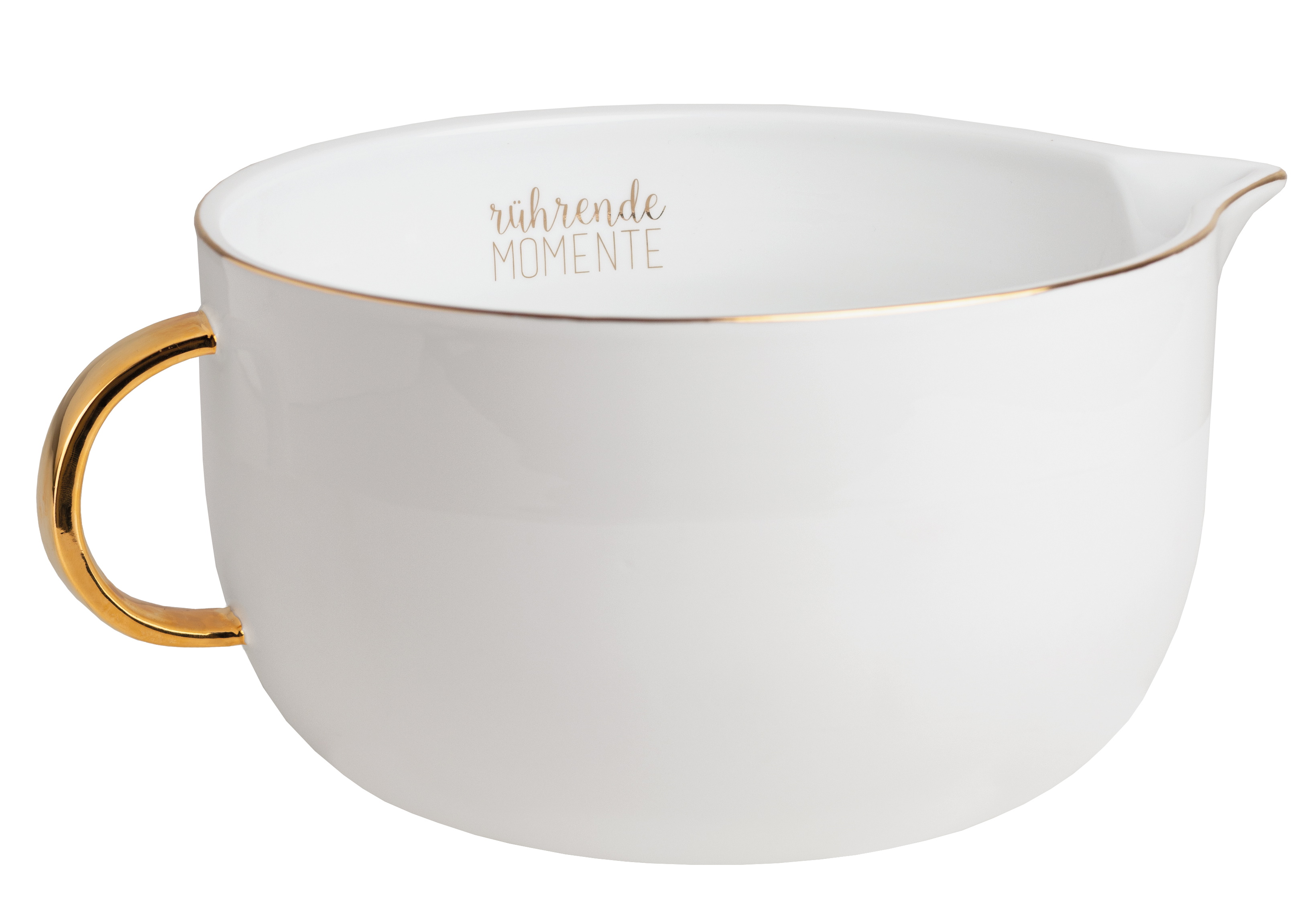 Große weiße Porzellanschüssel "Rührende Momente" mit goldenem Rand und Griff, Räder Design.