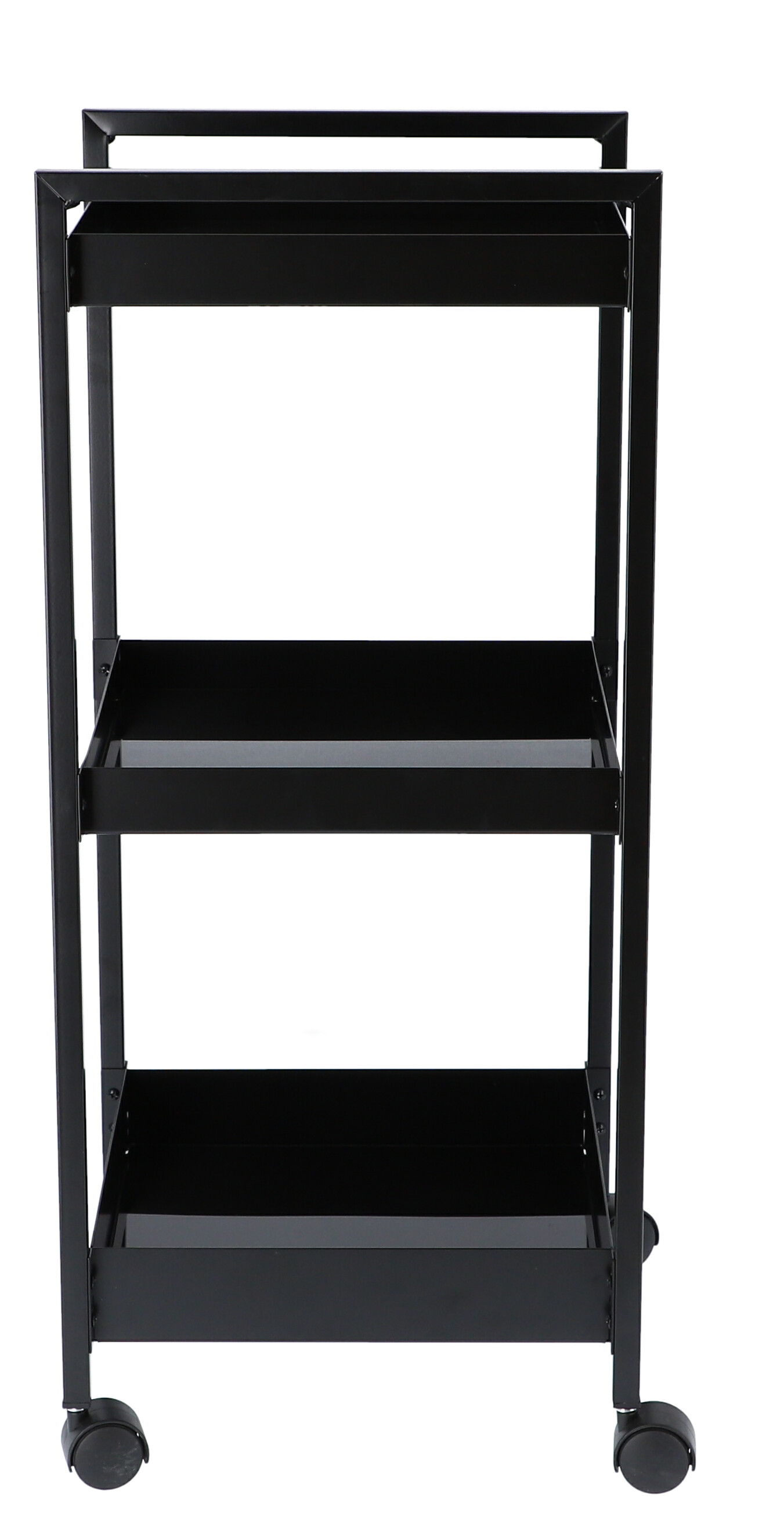 Schwarzer Servierwagen "Butler S" von Jan Kurtz mit drei Ablageflächen und Rollen.