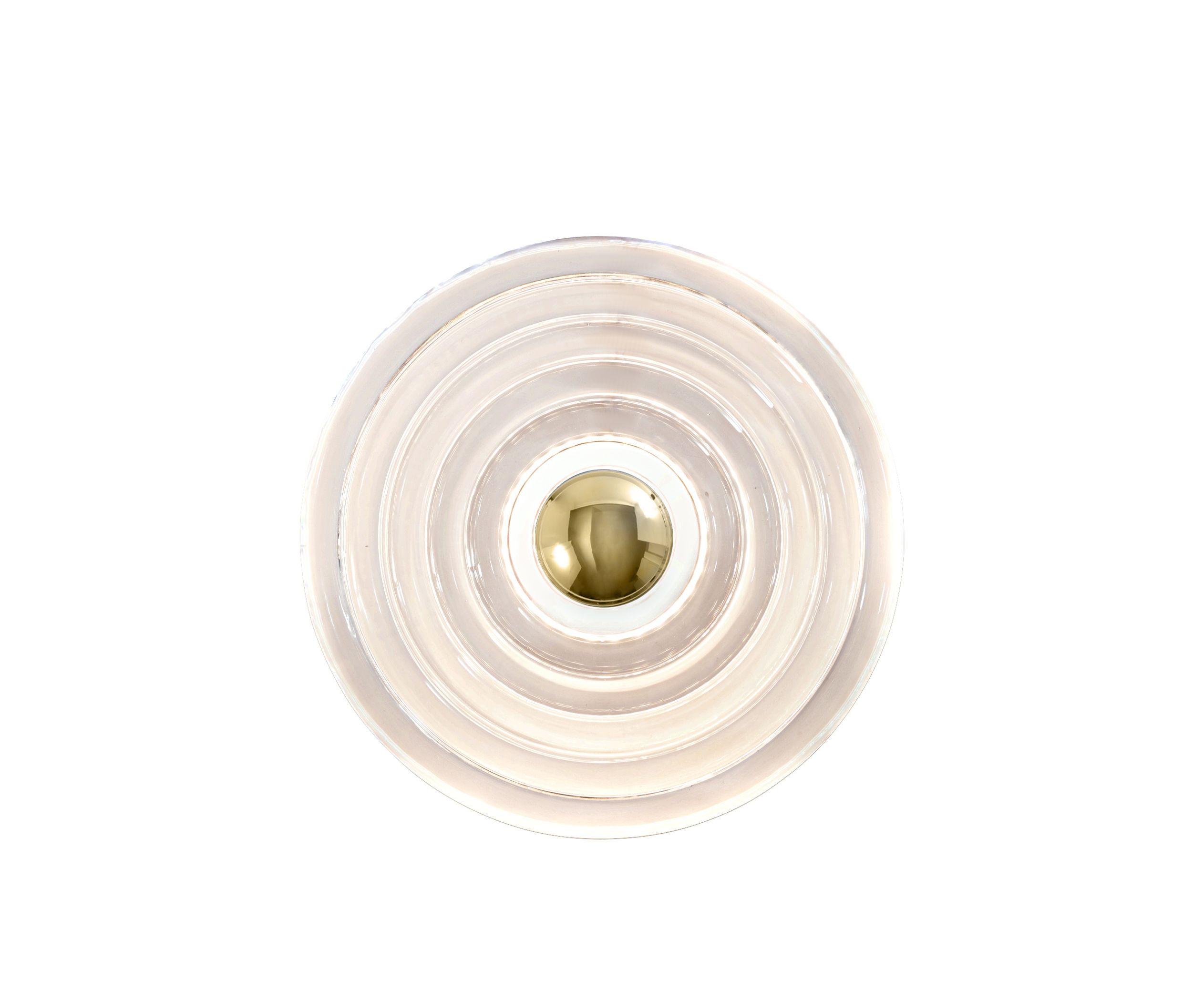Press Surface Wandleuchte von Tom Dixon, große runde Glasleuchte mit goldenem Mittelpunkt.