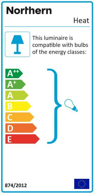 Energieeffizienzlabel für Northern Heat Pendelleuchte, kompatible Leuchtmittel von A++ bis E. Lichtdesign für nachhaltiges Wohnen.