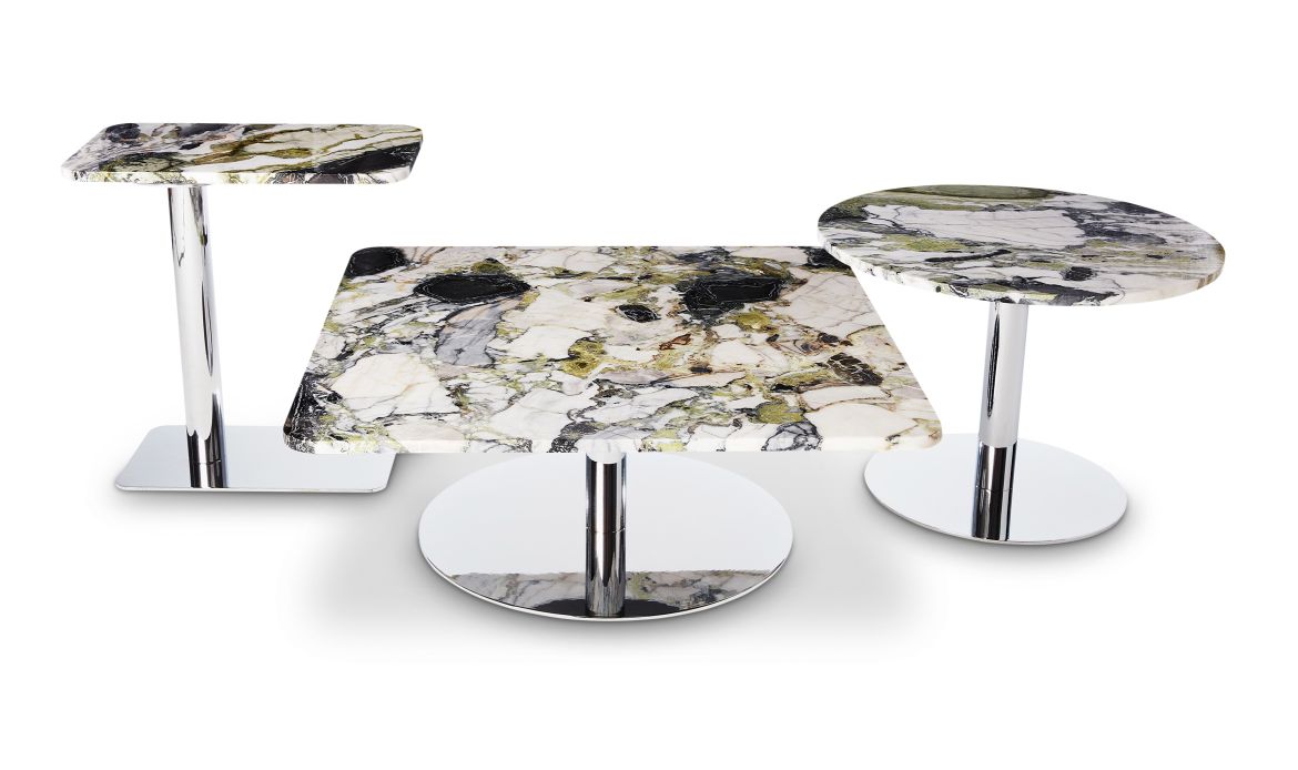 Drei Flash Beistelltische von Tom Dixon mit Marmorplatte und verchromtem Fuß. Rechteckig, rund und quadratisch.
