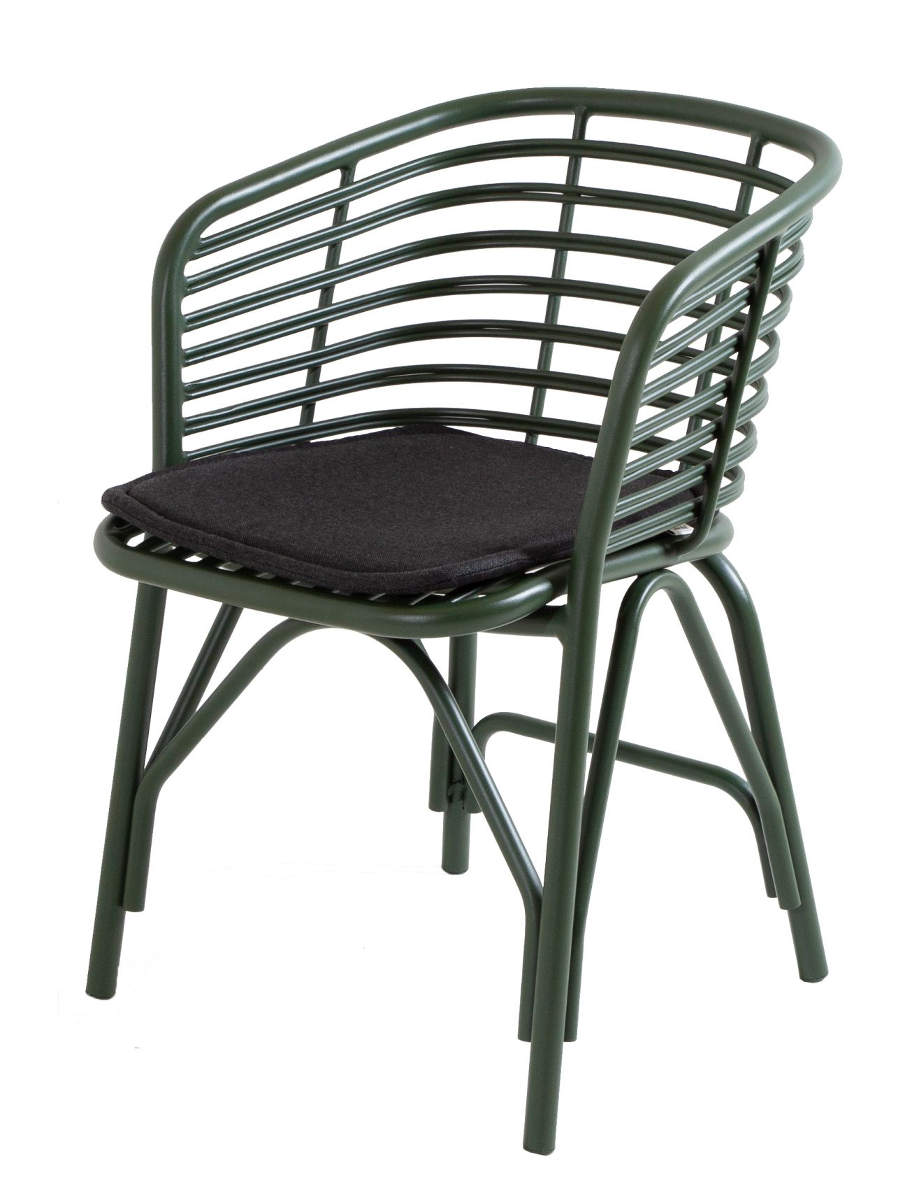 Schwarzes Cane-Line Blend Sitzkissen auf grünem Outdoor Sessel. Bequemes Kissen für Gartenmöbel und Terrassenmöbel.