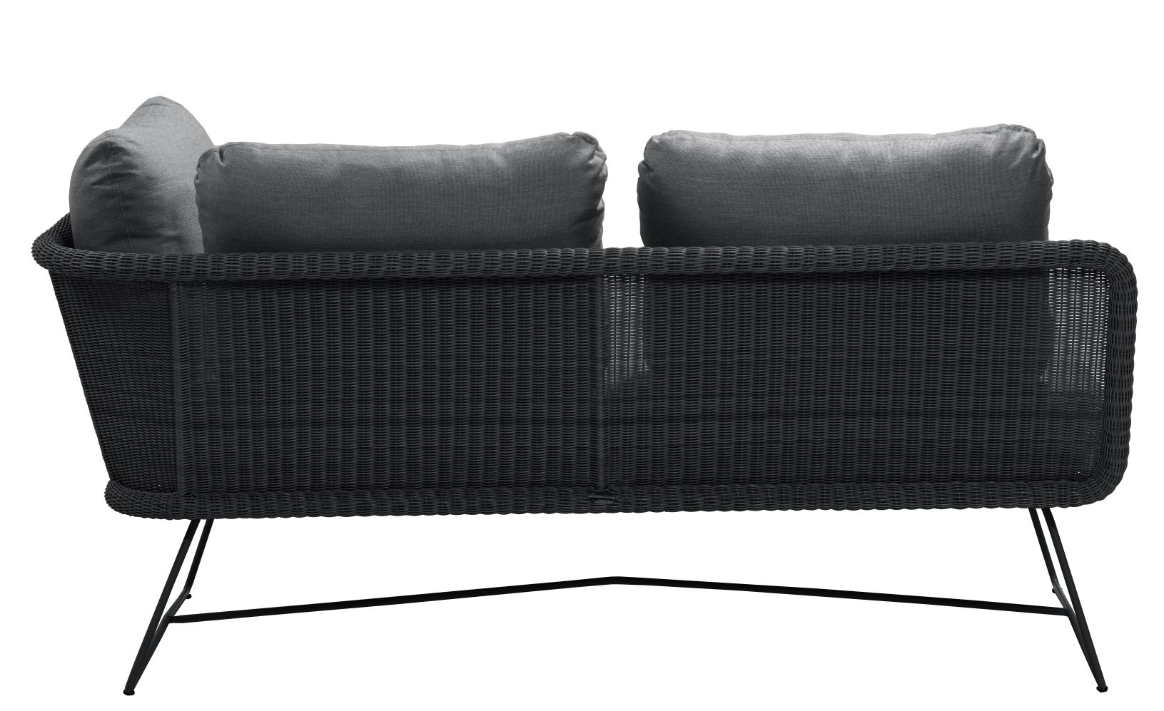 Horizon Outdoor 2-Sitzer Sofa mit schwarzem Cane-Line Gestell und grauen Kissen, Rückansicht.