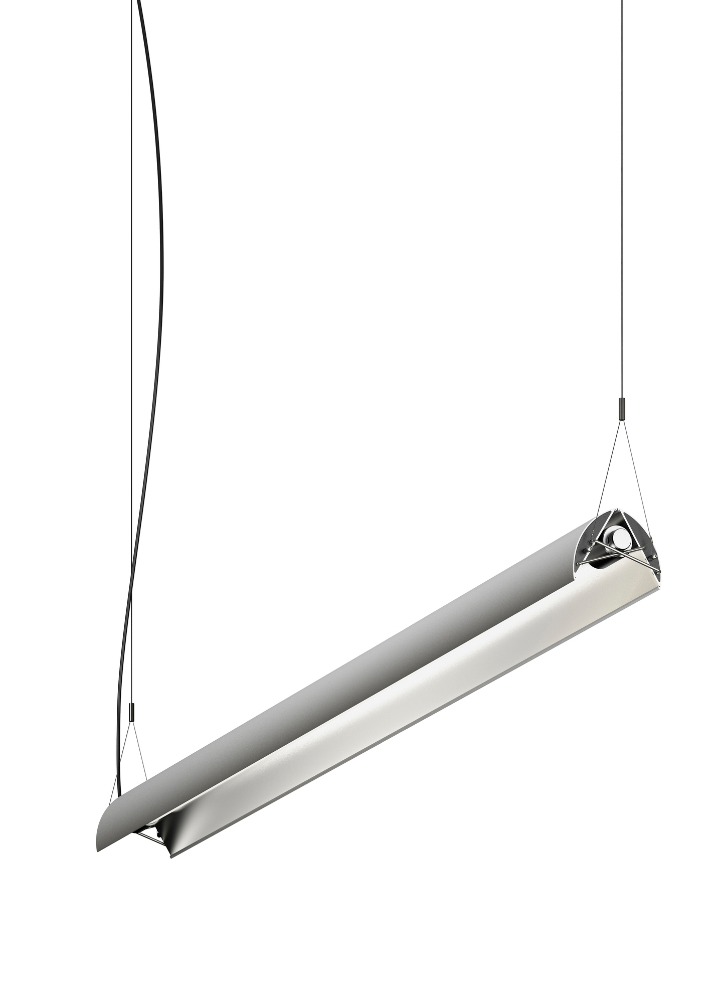 Nahaufnahme der Belux Updown Pendelleuchte aus Aluminium, dimmbar, mit warmweißem Licht (2700K).