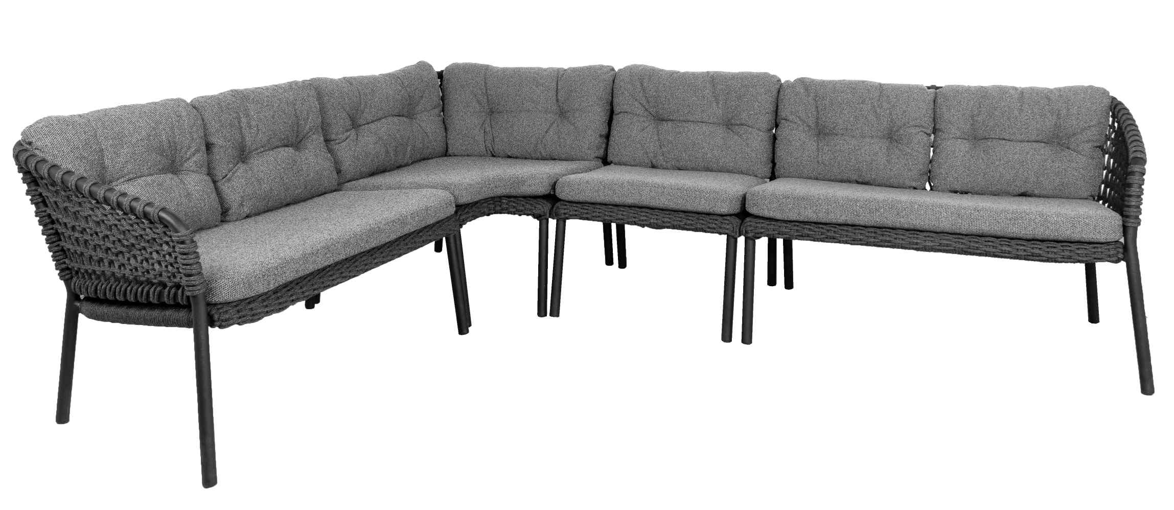 Ocean Sofa: Modulares 2-Sitzer Outdoor Sofa mit dunkelgrauen Kissen und Cane-Line Geflecht.