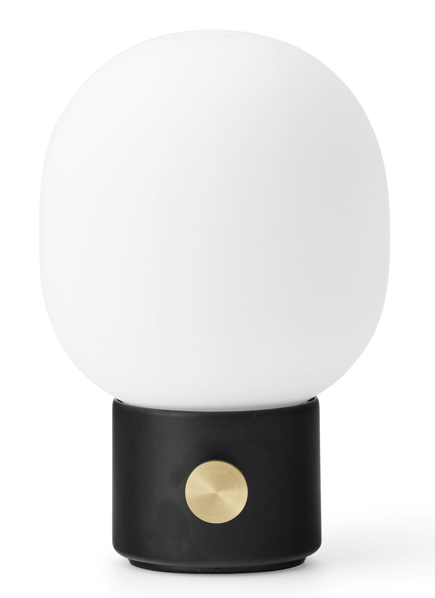 JWDA Tischleuchte tragbar mit schwarzem Fuß und weißem Lampenschirm, Messingdetails. Moderne Tischlampe.