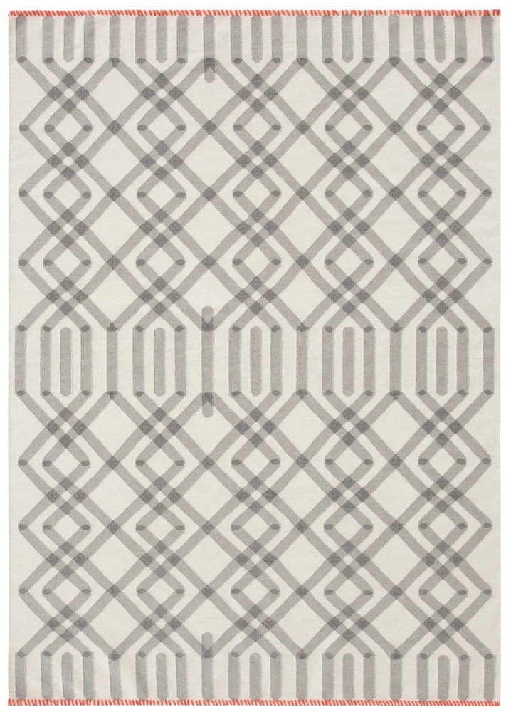 Kilim Duna Teppich mit geometrischem Muster in Grau auf hellem Grund, Größe 200x300.