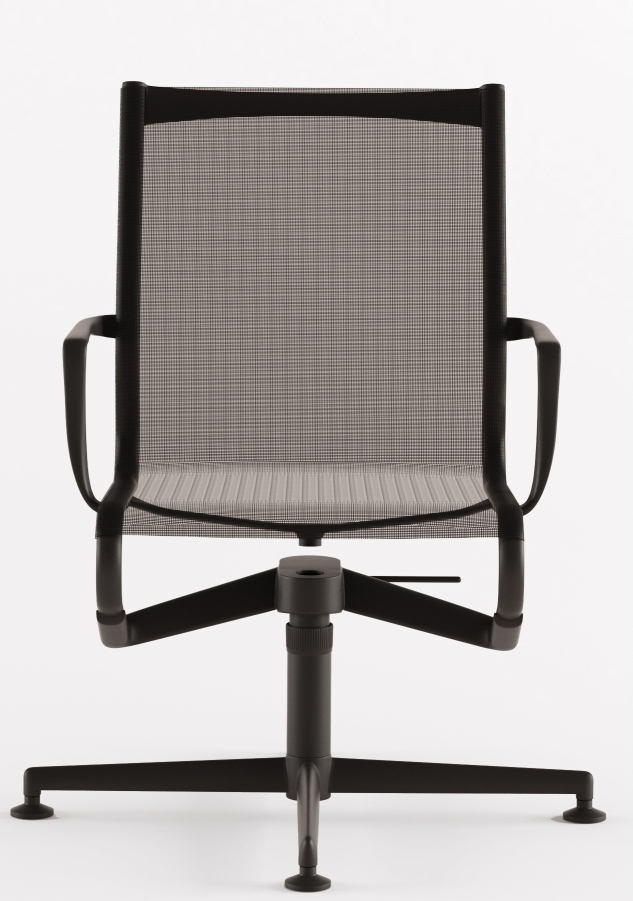 Meetingframe Drehstuhl Alias: Ansicht der Rückenlehne und des schwarzen Fußkreuzes. Bürostuhl mit Netzbezug.