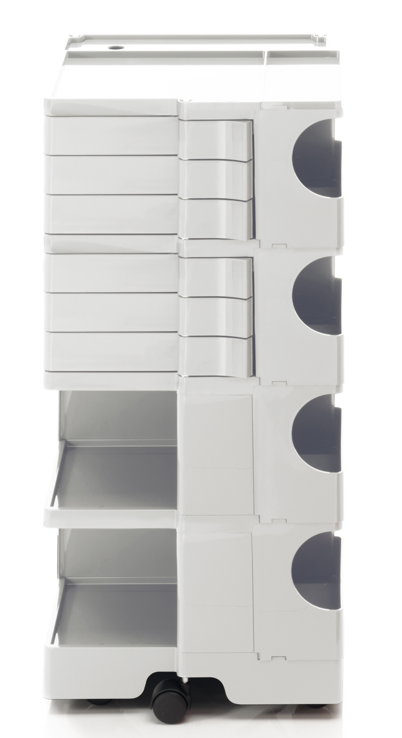 Weißer Boby Rollcontainer mit Schubladen, Fächern und Rollen, ideal für Büro und Arbeitszimmer.