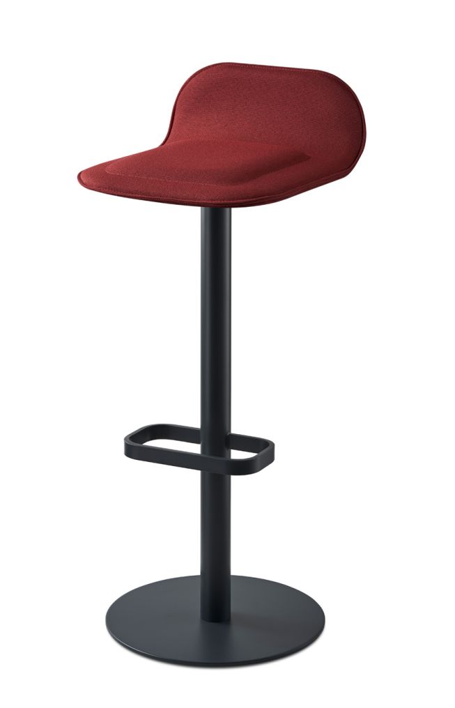 Anthrazitfarbener Barhocker mit weinrotem Sitzpolster. Moderner Hocker für Küche oder Bar.