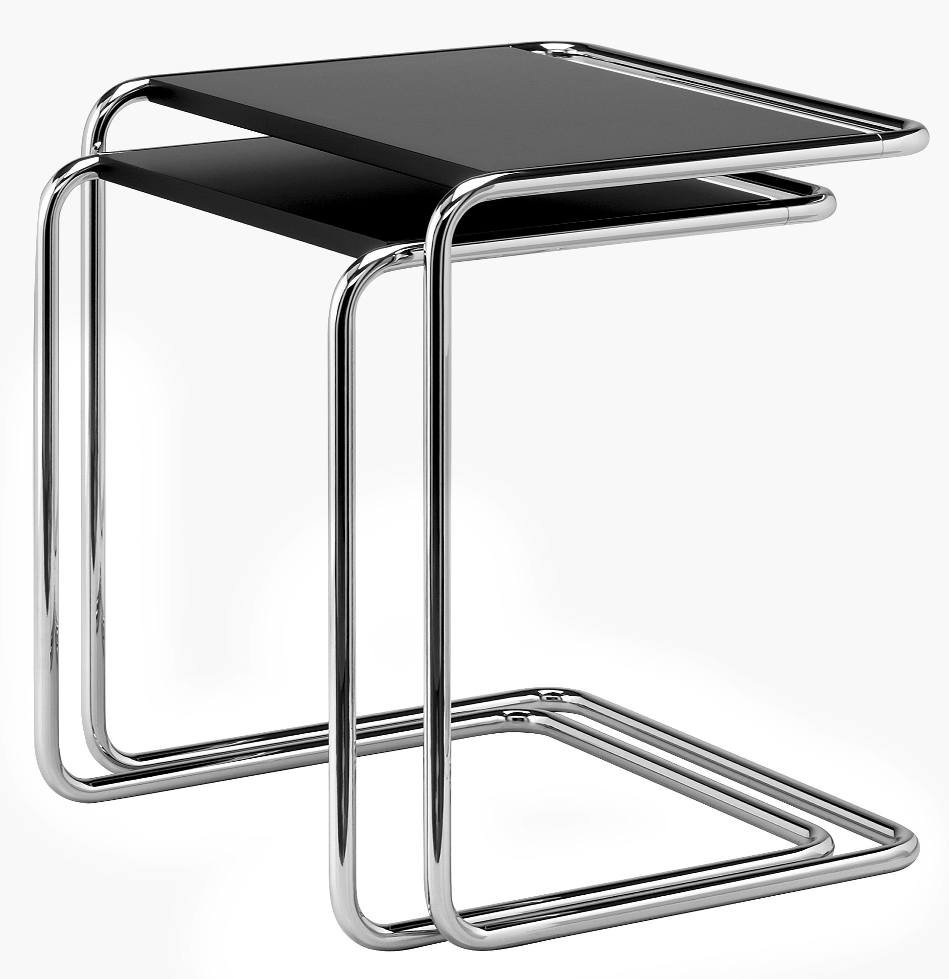 B97 Thonet Beistelltisch Set mit schwarzen Tischplatten und verchromtem Stahlrohrgestell. Moderner Couchtisch.