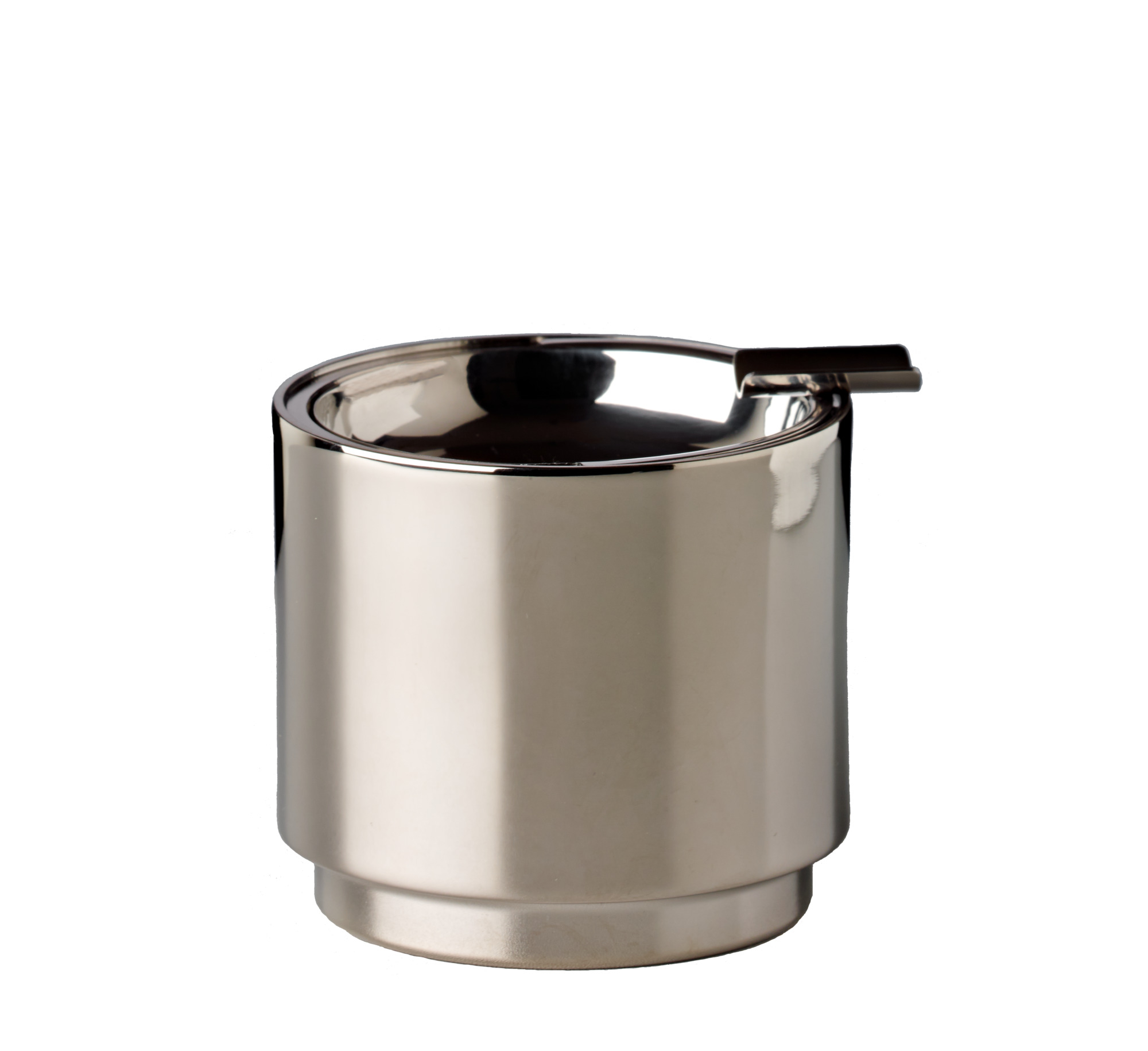 MB 23 Aschenbecher von Tecnolumen: Runder, silberner Aschenbecher mit Kippvorrichtung aus Metall. Designklassiker.