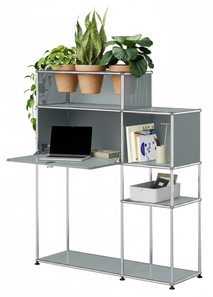 Home Office mit Pflanzenelement USM Haller Lichtgrau