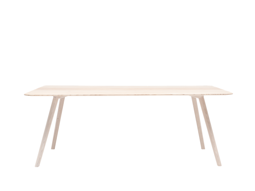 MEYER Tisch: Heller Holztisch mit schrägen Beinen, ideal für Esszimmer oder Büro.